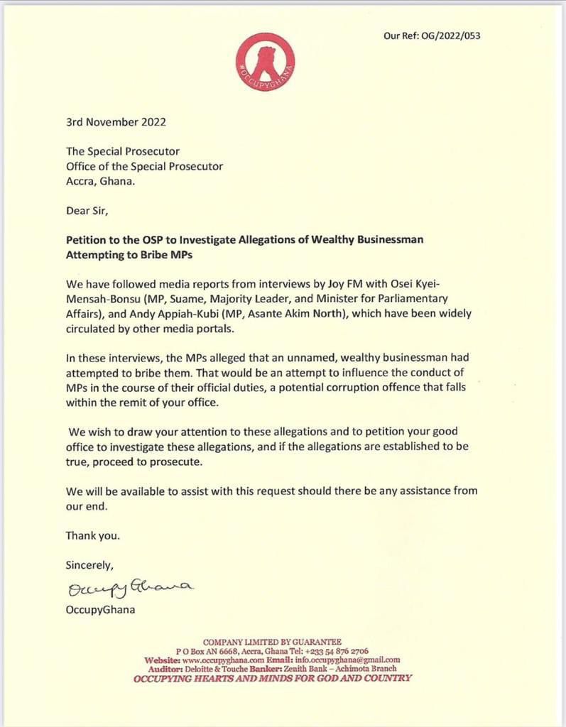 OccupyGhana petitions Special Prosecutor to investigate businessman who attempted to bribe NPP MPs OccupyGhana petitions Special Prosecutor to investigate businessman who attempted to bribe NPP MPs