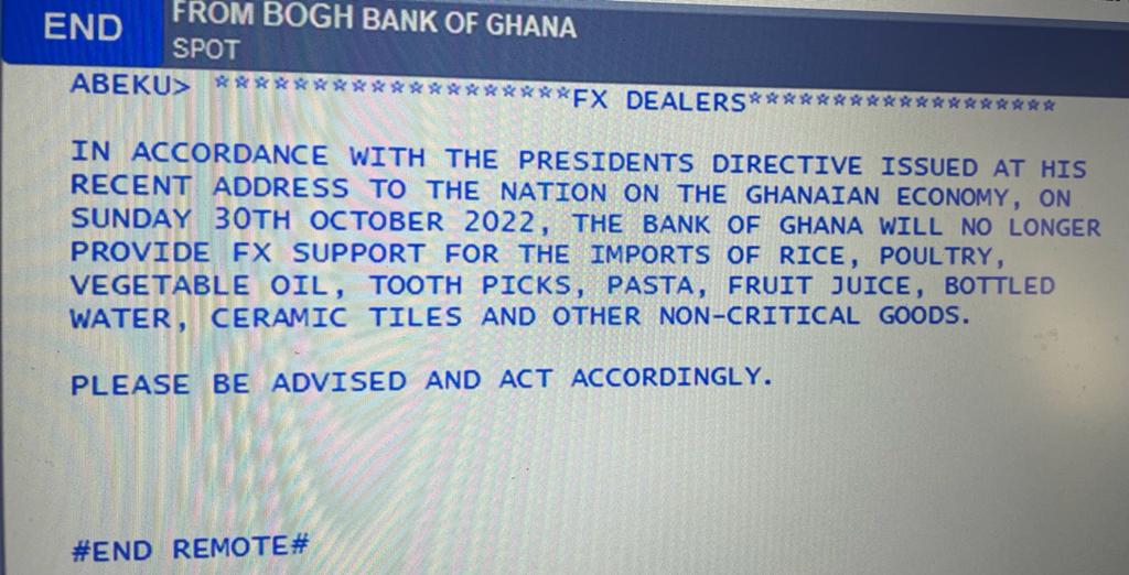 BoG withdraws foreign exchange support for importation of rice, vegetable oils, others