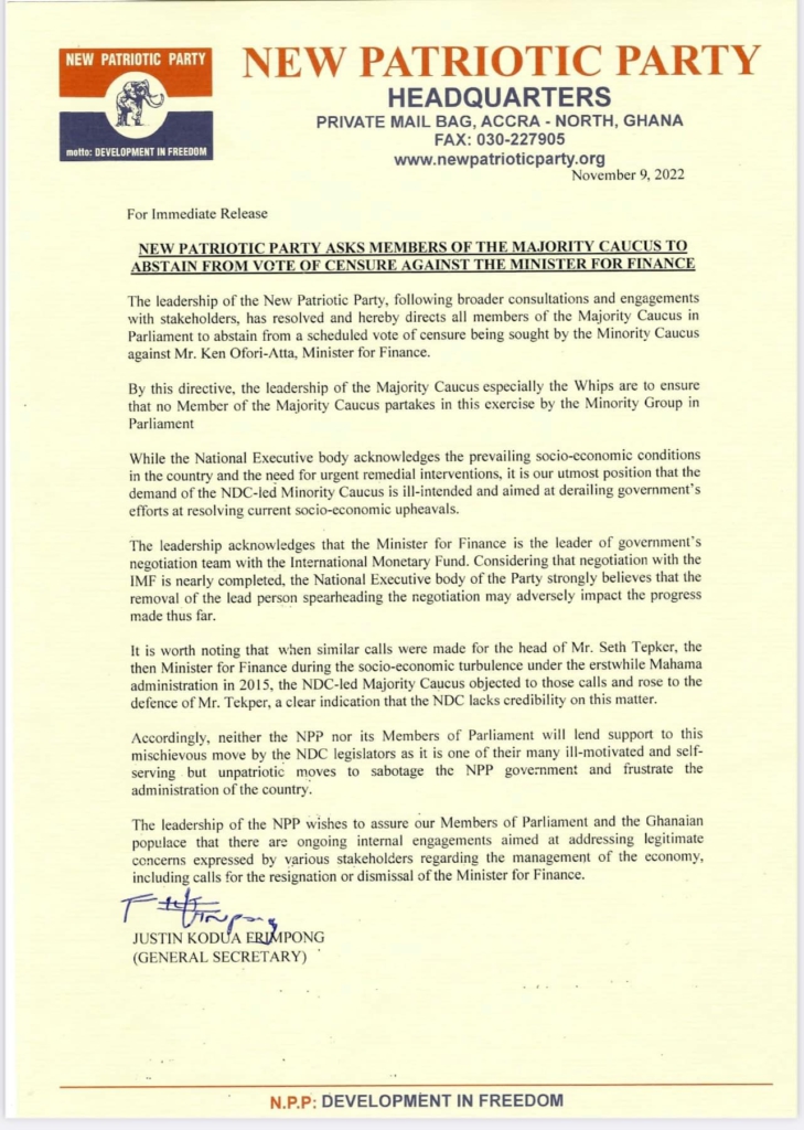 Don't vote against Ken Ofori-Atta - NPP orders Majority MPs to abstain from censure vote Don't vote against Ken Ofori-Atta - NPP orders Majority MPs to abstain from censure vote