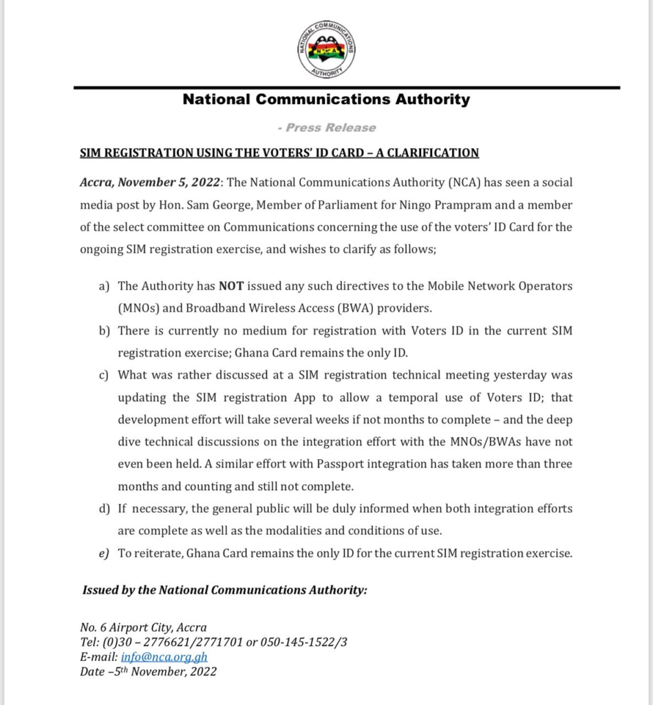 Ghana Card remains only ID for SIM registration - NCA debunks Sam George's claim
