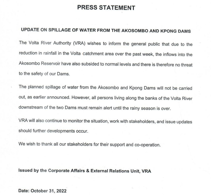 Planned spillage of Akosombo, Kpong dams suspended - VRA