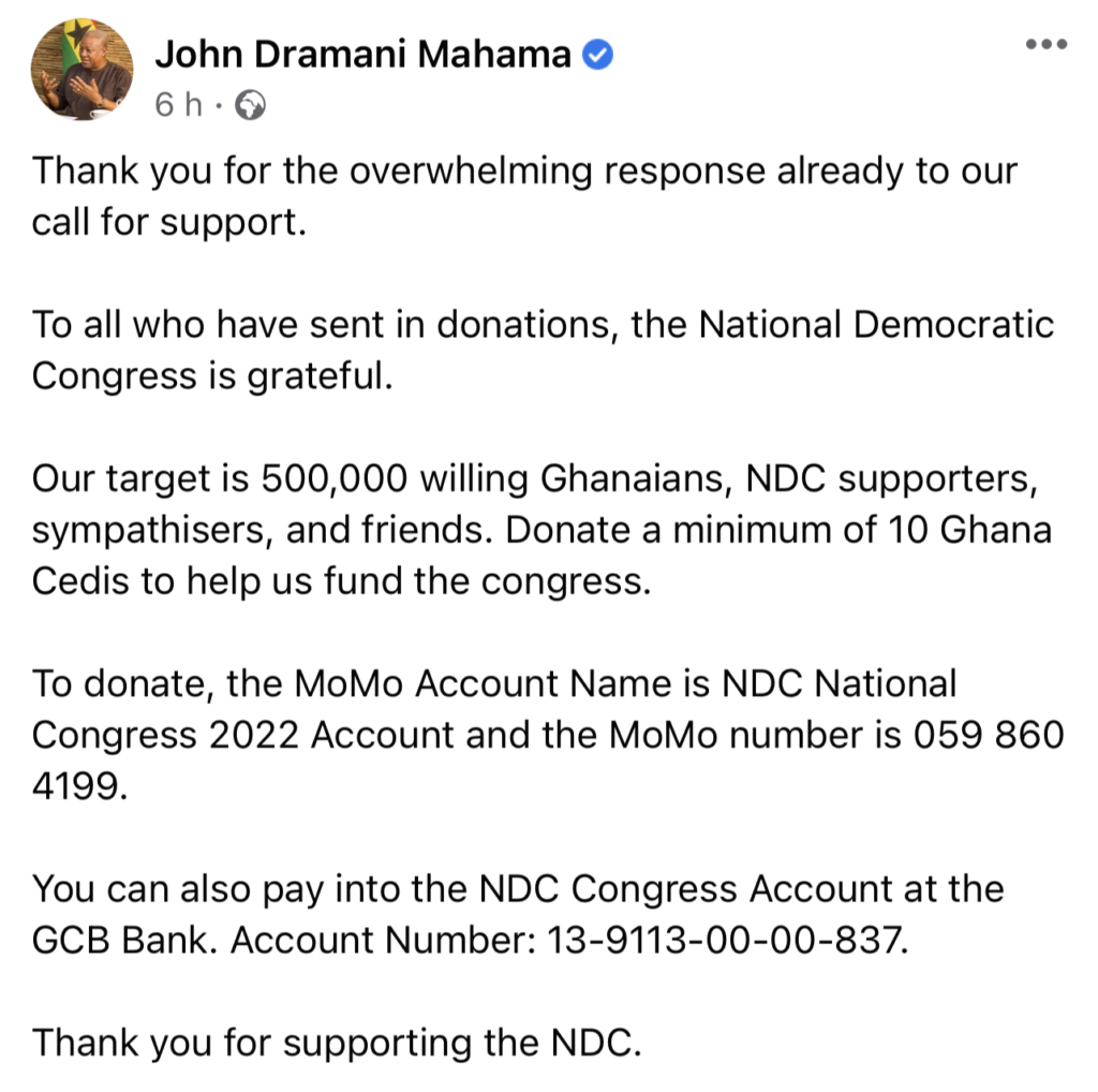 Mahama appeals for ¢10 to support NDC congress