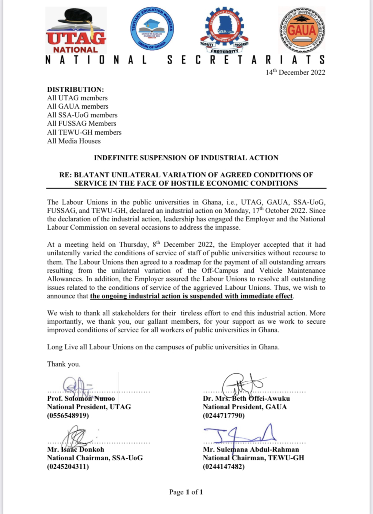 UTAG, others suspend strike over vehicle maintenance allowance UTAG, others suspend strike over vehicle maintenance allowance