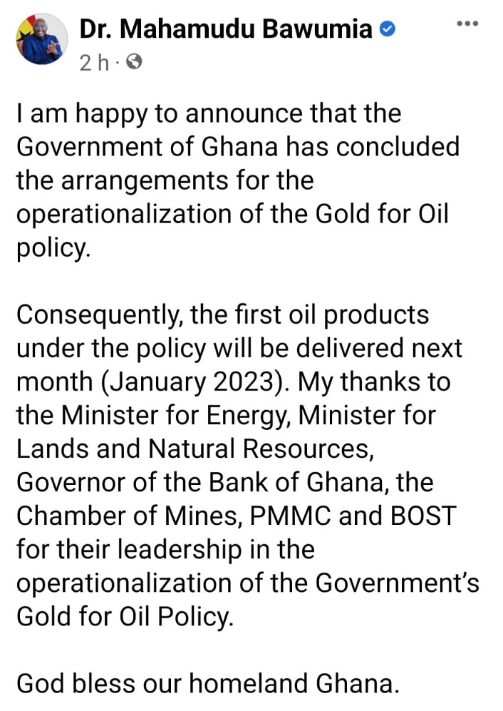 First delivery of oil products under 'Oil for Gold' policy set for next month - Dr. Bawumia reveals