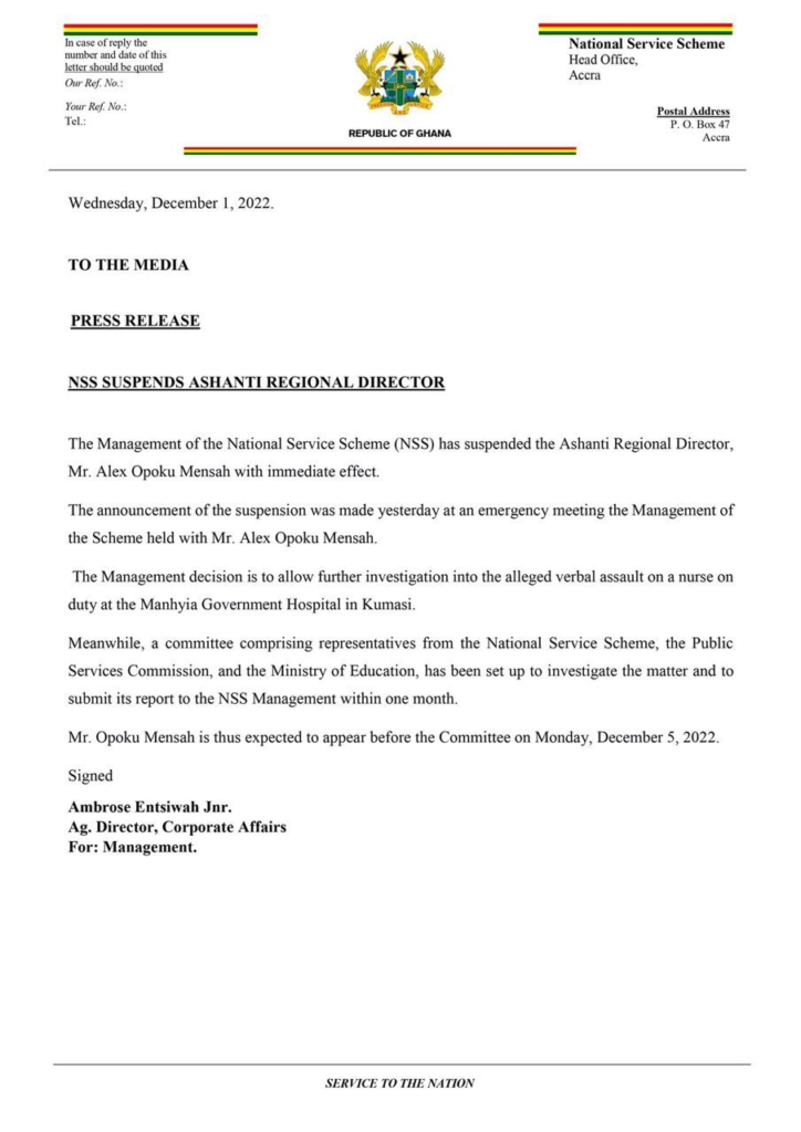 Ashanti Regional NSS Director suspended for verbally abusing a nurse Ashanti Regional NSS Director suspended for verbally abusing a nurse