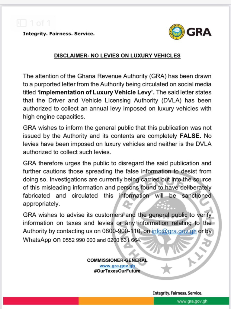 We’ve not imposed levies on luxury vehicles -GRA
