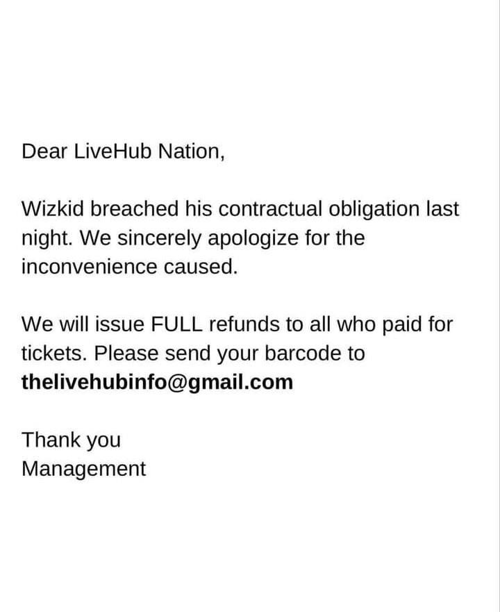 Patrons of abortive Wizkid live concert to receive full refund of fees