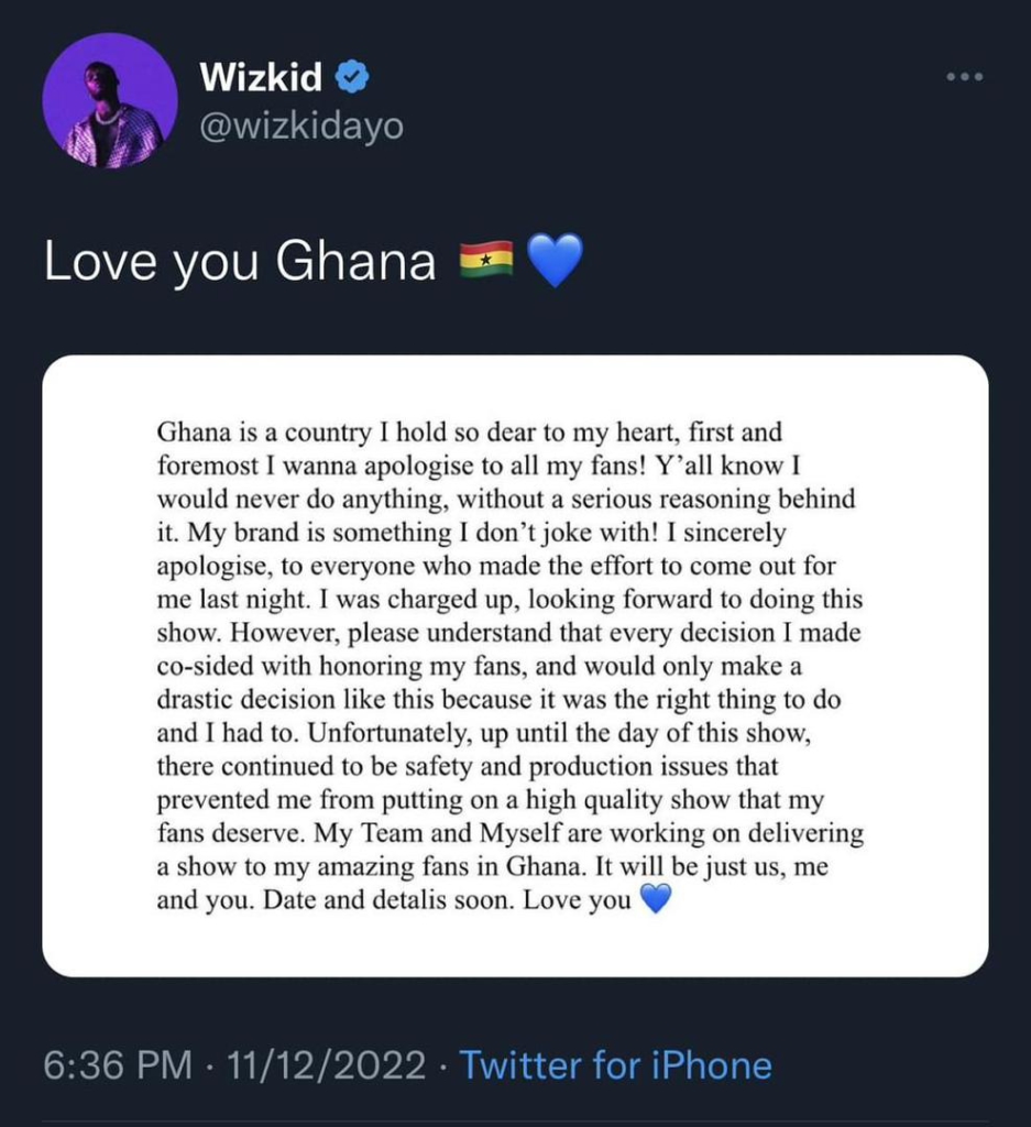 Wizkid apologizes for failing to show up at debut live concert in Accra