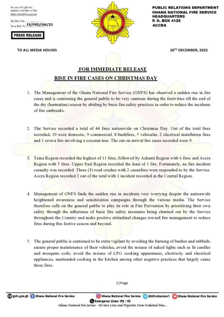 44 fire cases recorded on Christmas Day - GNFS 44 fire cases recorded on Christmas Day - GNFS