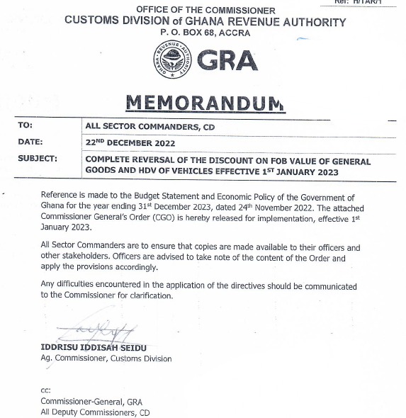 GRA announces complete reversal of benchmark discount policy on goods, vehicles from January 1, 2023
