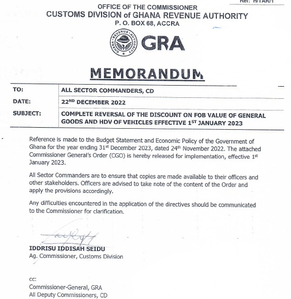 GRA announces complete reversal of benchmark discount policy on goods, vehicles from January 1, 2023 GRA announces complete reversal of benchmark discount policy on goods, vehicles from January 1, 2023