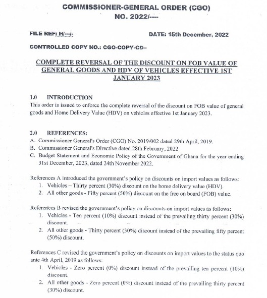 GRA announces complete reversal of benchmark discount policy on goods, vehicles from January 1, 2023
