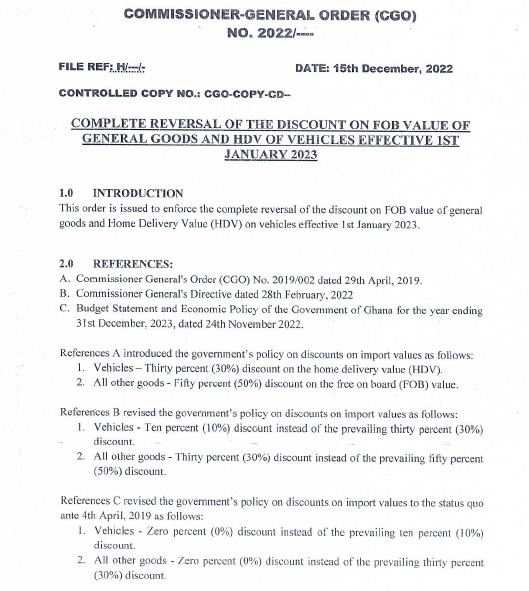 GRA announces complete reversal of benchmark discount policy on goods, vehicles from January 1, 2023 GRA announces complete reversal of benchmark discount policy on goods, vehicles from January 1, 2023