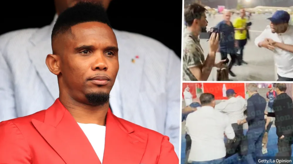 Samuel Eto'o filmed brutally kneeing a man in the face after Brazil's World Cup clash with South Korea Samuel Eto'o filmed brutally kneeing a man in the face after Brazil's World Cup clash with South Korea