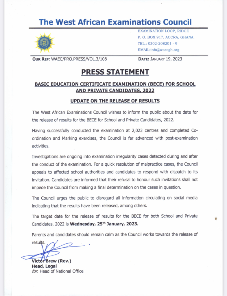 WAEC to release 2022 BECE results on January 25 WAEC to release 2022 BECE results on January 25