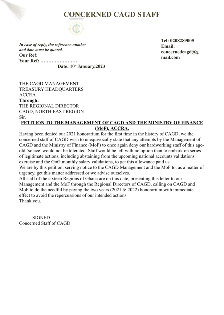 Pay our 2021, 2022 honorarium or we'll strike - CAGD staff to management and Finance Ministry Pay our 2021, 2022 honorarium or we'll strike - CAGD staff to management and Finance Ministry