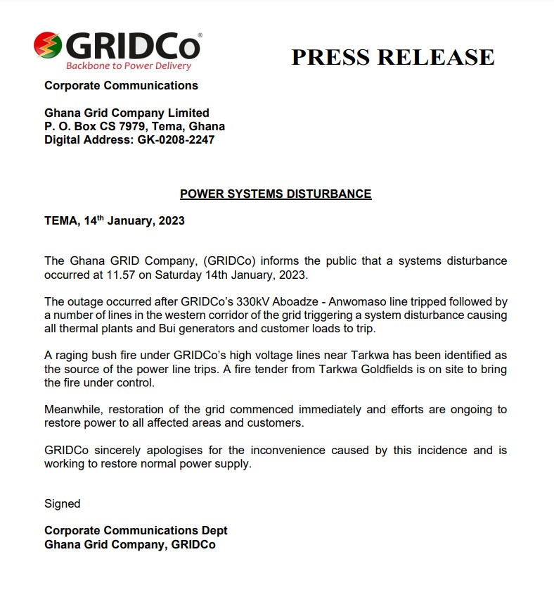 Power outage due to bushfire - GRIDCo