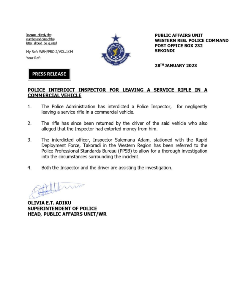 Police interdict officer for leaving rifle in commercial vehicle