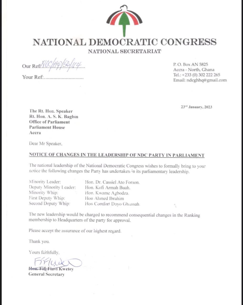Major shake-up in NDC leadership in Parliament