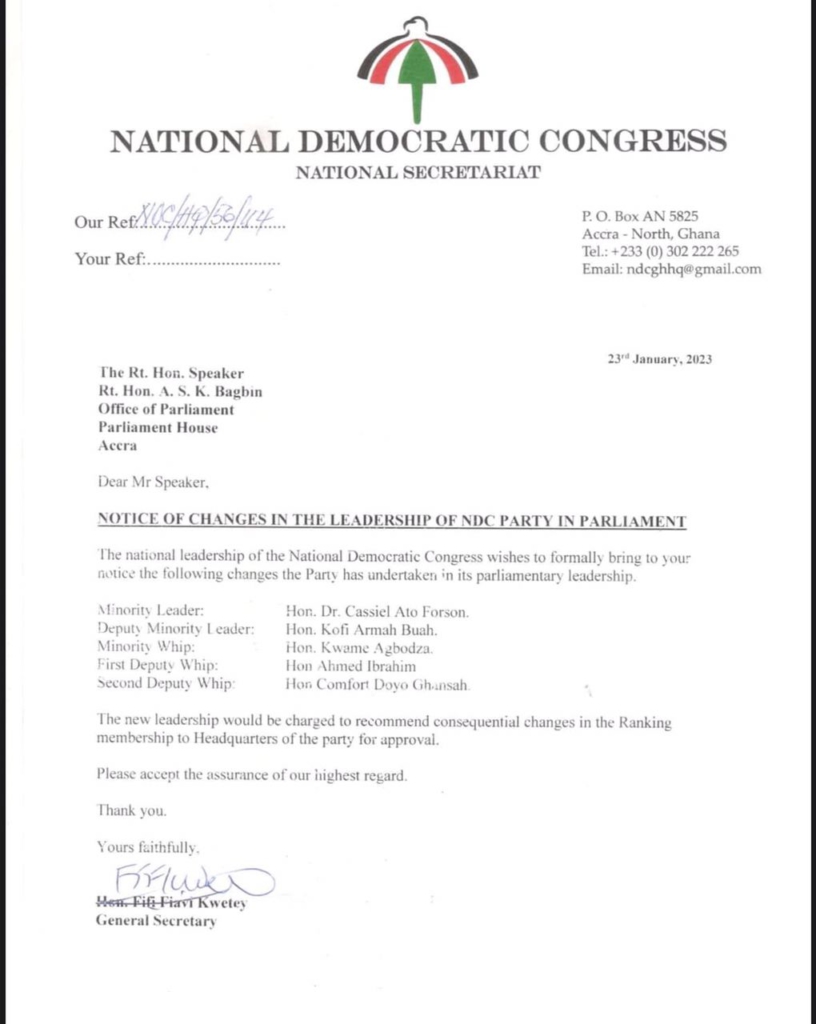 Major shake-up in NDC leadership in Parliament Major shake-up in NDC leadership in Parliament