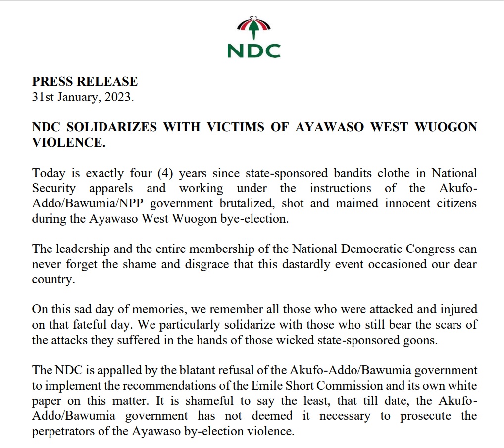 NDC gives government 30 days to compensate victims of Ayawaso West Wuogon violence or…