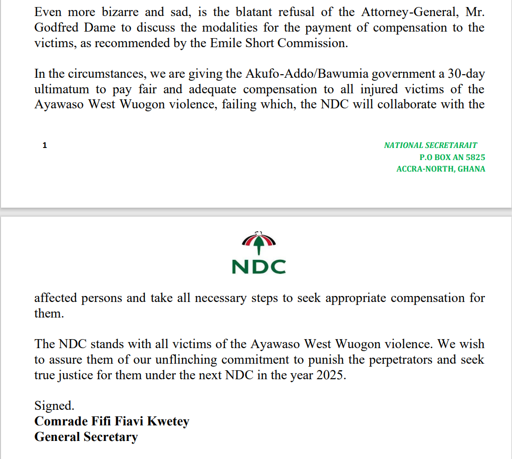 NDC gives government 30 days to compensate victims of Ayawaso West Wuogon violence or…