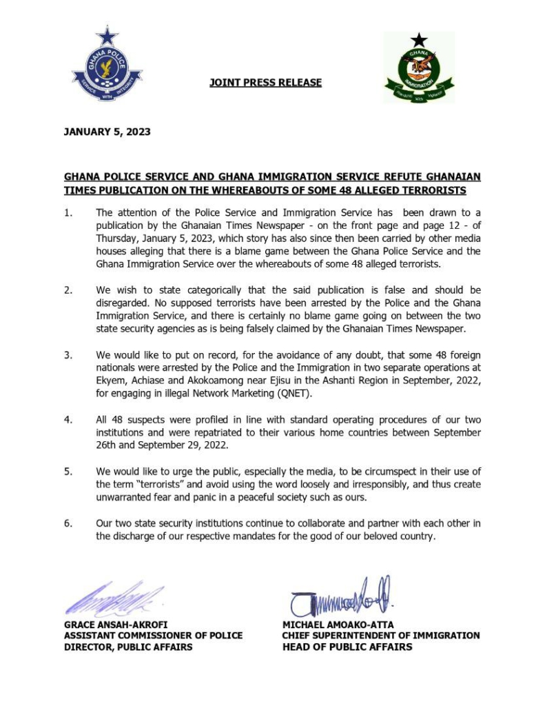 Police, Immigration Service denies report on arrest of 48 alleged terrorists Police, Immigration Service denies report on arrest of 48 alleged terrorists