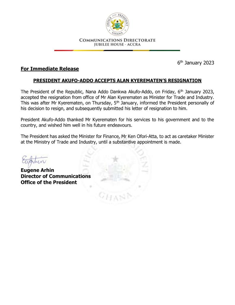 President Akufo-Addo has appointed the Finance Minister, Ken Ofori-Atta as Caretaker Minister for the Trade and Industry Ministry following the resignation of Alan Kyerematen. 