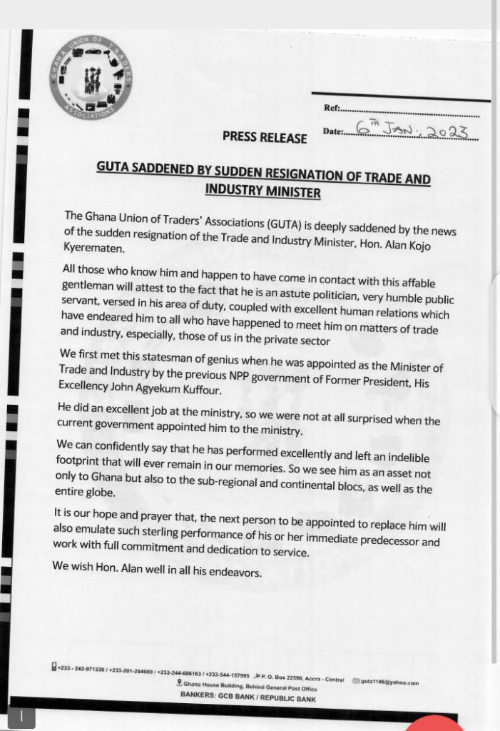 GUTA saddened by Alan Kyerematen’s resignation GUTA saddened by Alan Kyerematen’s resignation