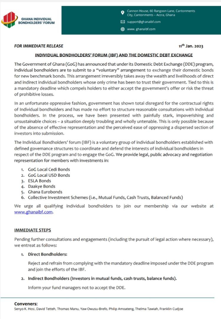 Reject Domestic Debt Exchange programme – Ghana Individual Bondholders Forum Reject Domestic Debt Exchange programme – Ghana Individual Bondholders Forum
