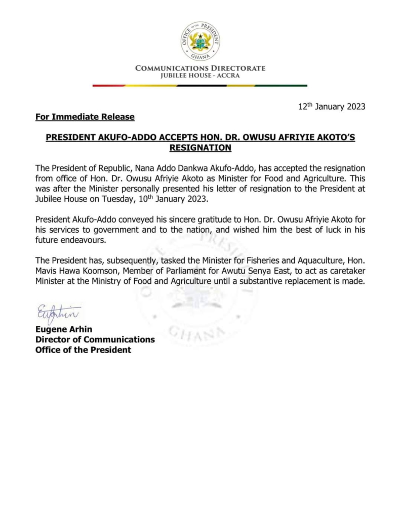 Akufo-Addo accepts Afriyie Akoto's resignation