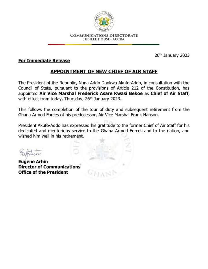 Akufo-Addo appoints Frederick Asare Bekoe as Chief of Air Staff