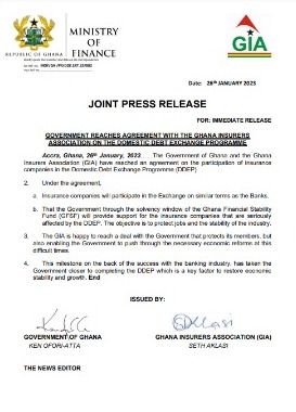 Debt Exchange Programme: Government reaches agreement with Ghana Insurers Association Debt Exchange Programme: Government reaches agreement with Ghana Insurers Association