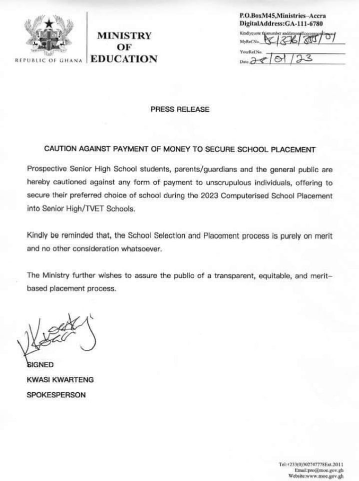 Education Ministry cautions against payment of money for school placement Education Ministry cautions against payment of money for school placement