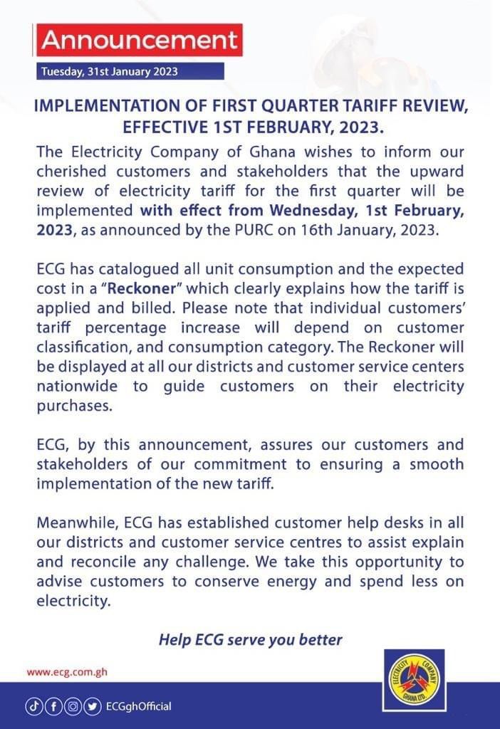 Consumption and expected cost for new tariff to be catalogued in Reckoner – ECG