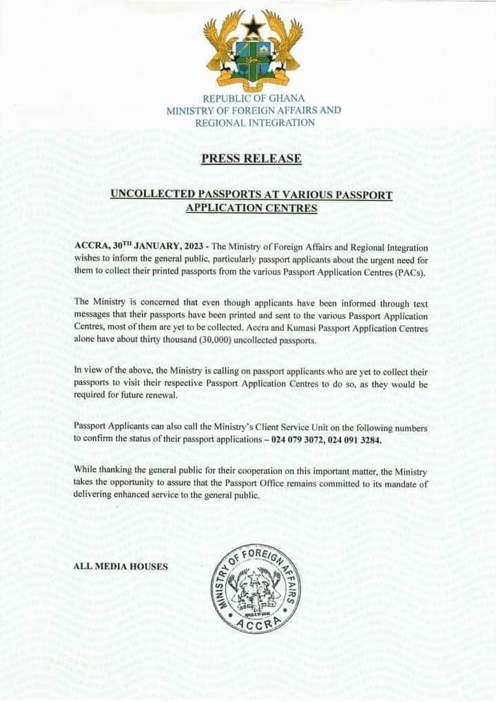Come for your passports - Foreign Affairs Ministry to applicants Come for your passports - Foreign Affairs Ministry to applicants