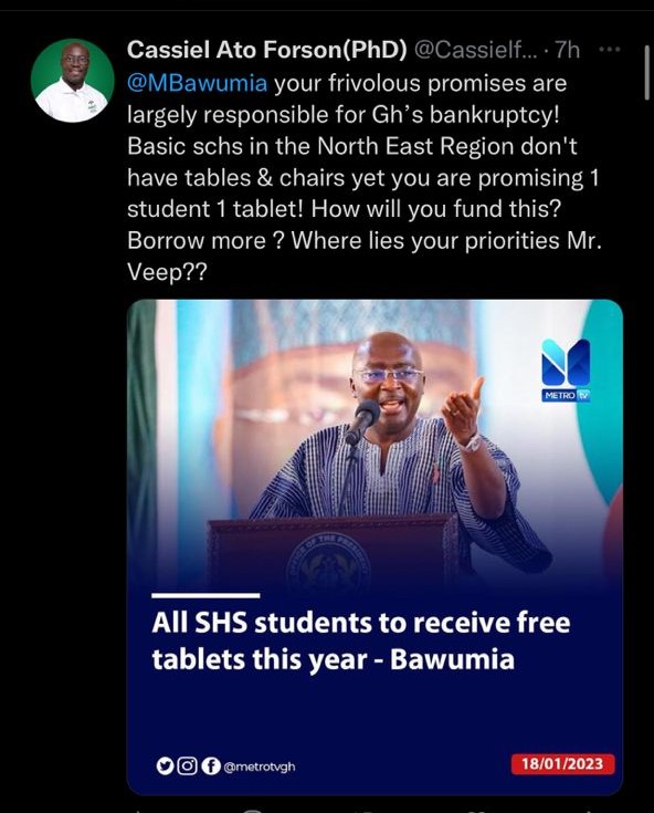 JHSs don't have tables, chairs yet you are promising 1 student, 1 tablet - Ato Forson queries Bawumia's priorities JHSs don't have tables, chairs yet you are promising 1 student, 1 tablet - Ato Forson queries Bawumia's priorities