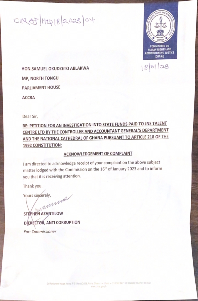 Your petition on National Cathedral is receiving attention – CHRAJ tells Okudzeto Ablakwa Your petition on National Cathedral is receiving attention – CHRAJ tells Okudzeto Ablakwa