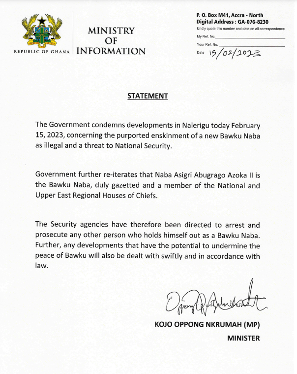 Enskinment of new Bawku Naba illegal - Government Enskinment of new Bawku Naba illegal - Government