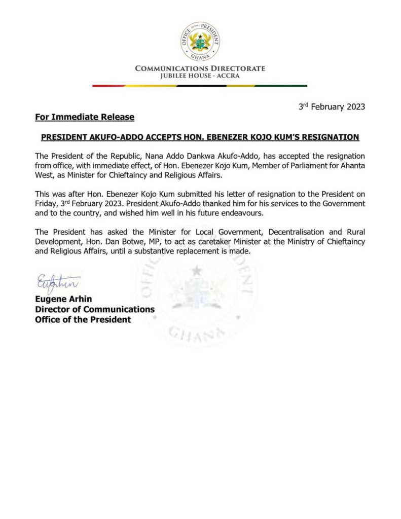Ebenezer Kojo Kum resigns as Chieftaincy Minister