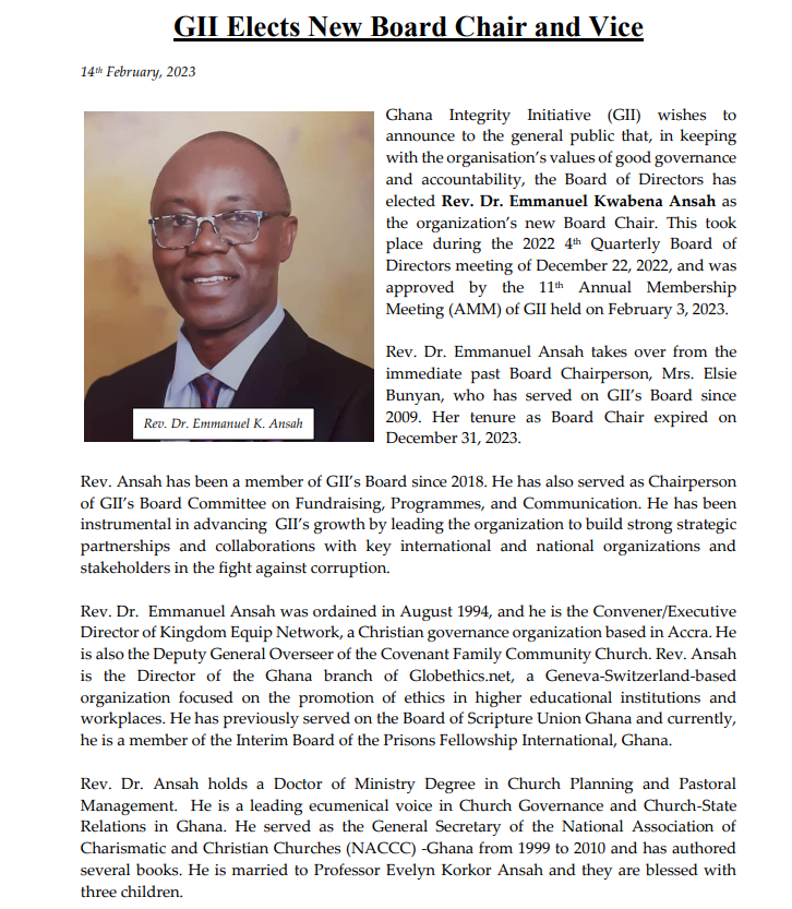 Ghana Integrity Initiative elects new board chair and vice