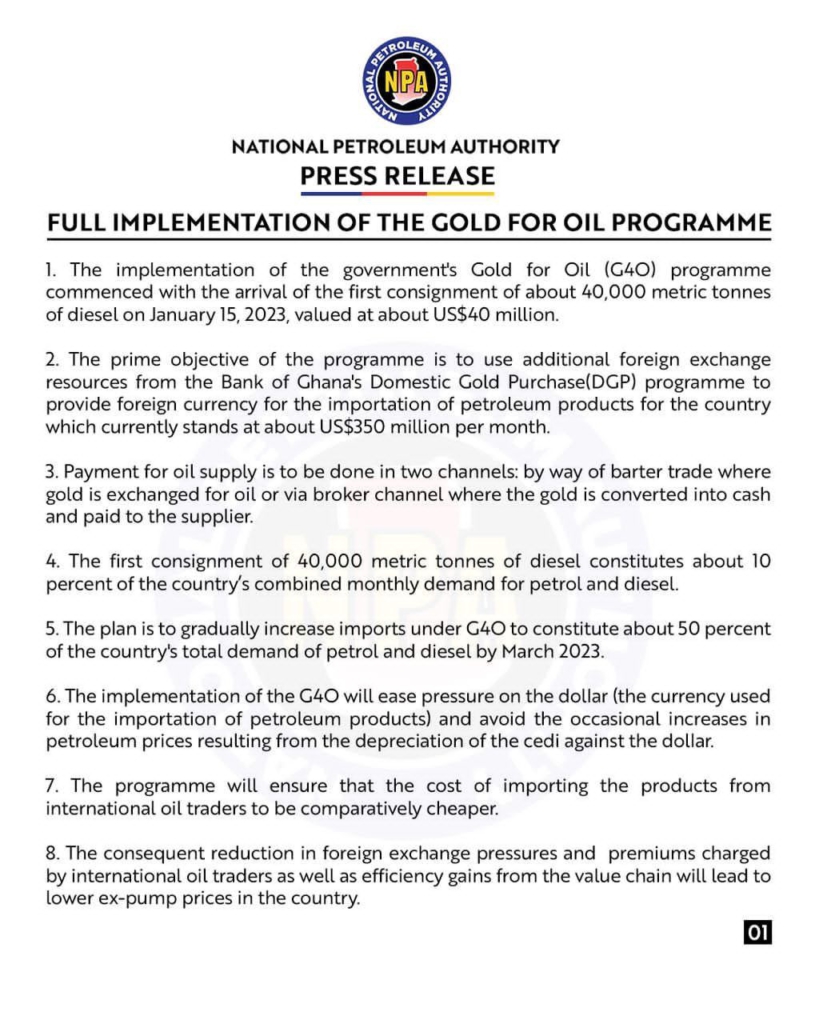 Gold for oil deal will tackle occasional fuel price increases - NPA Gold for oil deal will tackle occasional fuel price increases - NPA
