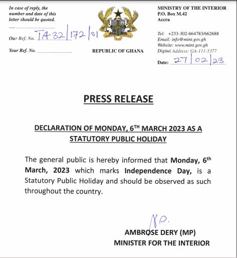 March 6 declared public holiday