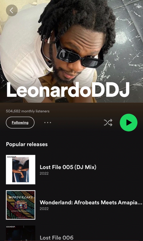 Ghanaian Disc Jockey LeonardoDDJ hits half a million monthly listeners on Spotify