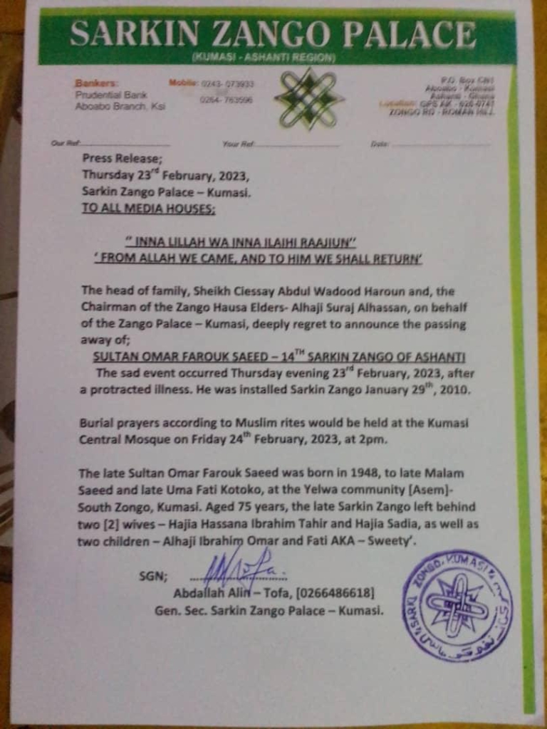 Ashanti region Sarkin Zango is dead