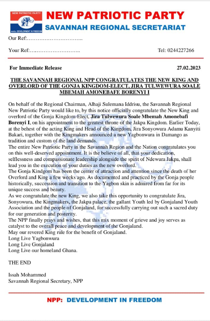 Savannah Regional NPP congratulates Tuluwewura Soale Mbemah Amonebafe Borenyi I as Yagbonwura-elect Savannah Regional NPP congratulates Tuluwewura Soale Mbemah Amonebafe Borenyi I as Yagbonwura-elect
