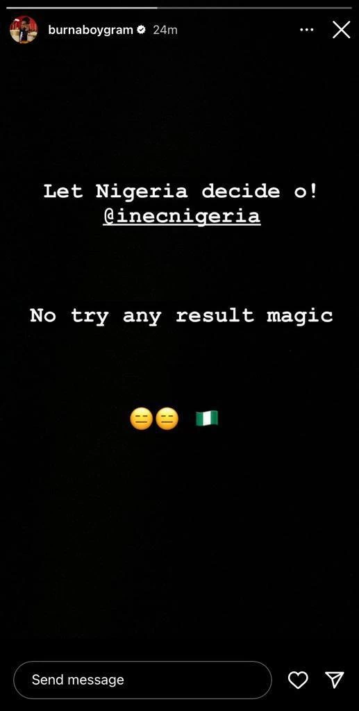 'No try any result magic' - Burna Boy tells Nigeria's INEC