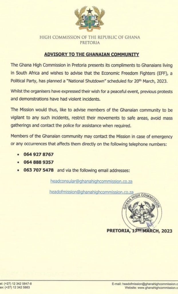 Avoid mass gatherings, restrict your movements to safe areas - Ghana’s Mission in SA to Ghanaians