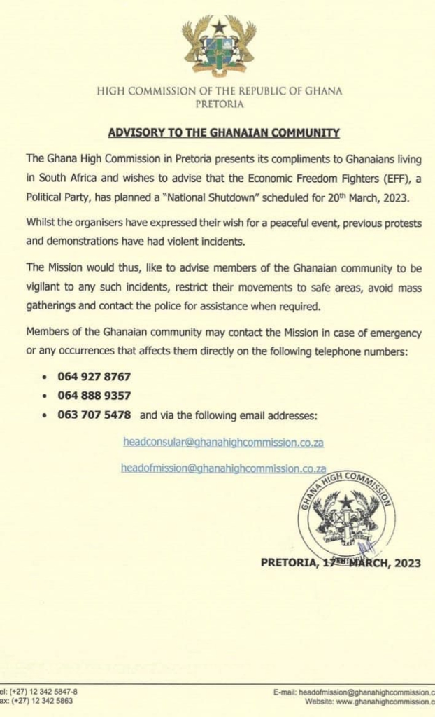 Avoid mass gatherings, restrict your movements to safe areas - Ghana’s Mission in SA to Ghanaians Avoid mass gatherings, restrict your movements to safe areas - Ghana’s Mission in SA to Ghanaians