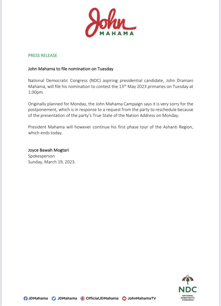 Mahama to file nomination on March 21 Mahama to file nomination on March 21